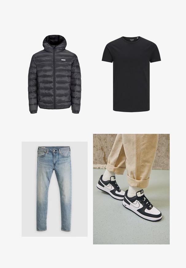 Doudoune noire avec capuche, comportant des sections matelassées horizontales, une fermeture éclair sur le devant et deux poches latérales zippées. Texture lisse.; T-shirt en coton noir avec un col rond, des manches courtes et un design simple. Texture lisse, sans motifs ni éléments visibles.; Jeans en denim bleu clair avec une coupe droite, cinq poches, passants de ceinture et fermeture à bouton. Devant délavé pour un aspect usé.; Baskets Nike Air Force 1 en noir et blanc avec un dessus en cuir, orteil perforé et détail de semelle texturée, portées avec un pantalon beige retroussé et des chaussettes blanches.