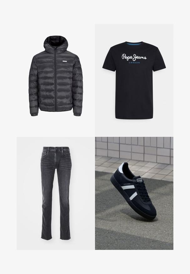 Doudoune noire avec capuche, comportant des sections matelassées horizontales, une fermeture éclair sur le devant et deux poches latérales zippées. Texture lisse.; T-shirt en coton noir avec un logo en script blanc "Pepe Jeans" accentué de bleu, col rond et manches courtes. Design simple et uni.; Jean en denim gris foncé avec une coupe droite, des décolorations subtiles et cinq poches. Fermeture par bouton et zip.; Sneaker en cuir noir avec des rayures blanches, semelle en caoutchouc texturée et devant à lacets. Présente une étiquette de marque sur la languette.