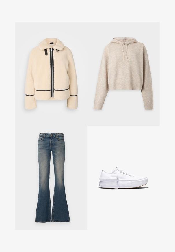 Cremefarvet, fluffy teddyjakke med lynlås fortil, sort lynlås og læderdetaljer. Har en blød, krave og brede ærmer.; Beige strikket cropped hættetrøje med lange ærmer og snore, vist på en ensfarvet lys baggrund.; Flarede blå jeans lavet af denim, med knaplukning, fem-lomme design og en falmet finish med en bred benåbning.; Hvid lavt snørestøvle med tyk plateau-sål, snørelukning foran og gummiforstærket tåkap, set i sideprofil.
