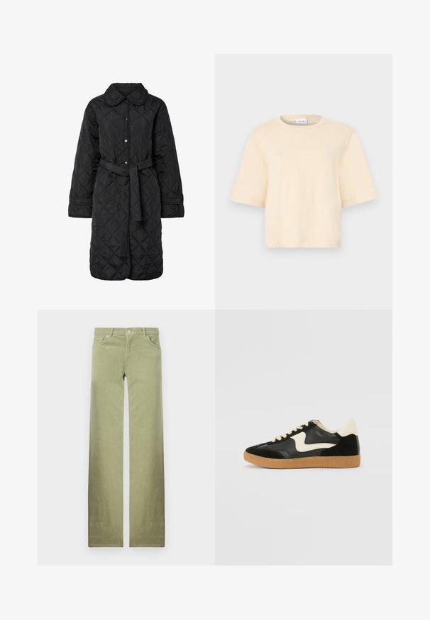 Manteau matelassé noir avec un col, fermeture à boutons-pression et taille ceinturée ; présente un motif en diamants et des détails aux poignets.; T-shirt en coton beige à manches courtes, col rond, et coupe décontractée. Texture lisse sans motifs ni accents supplémentaires.; Pantalons en coton vert avec une coupe droite, dotés de poches avant, d'une fermeture à bouton et d'une finition en tissu texturé et épurée.; Baskets en daim et cuir noir avec un swoosh latéral crème et un talon crème clair. Dotées de lacets beige et d'une semelle en caoutchouc gomme.