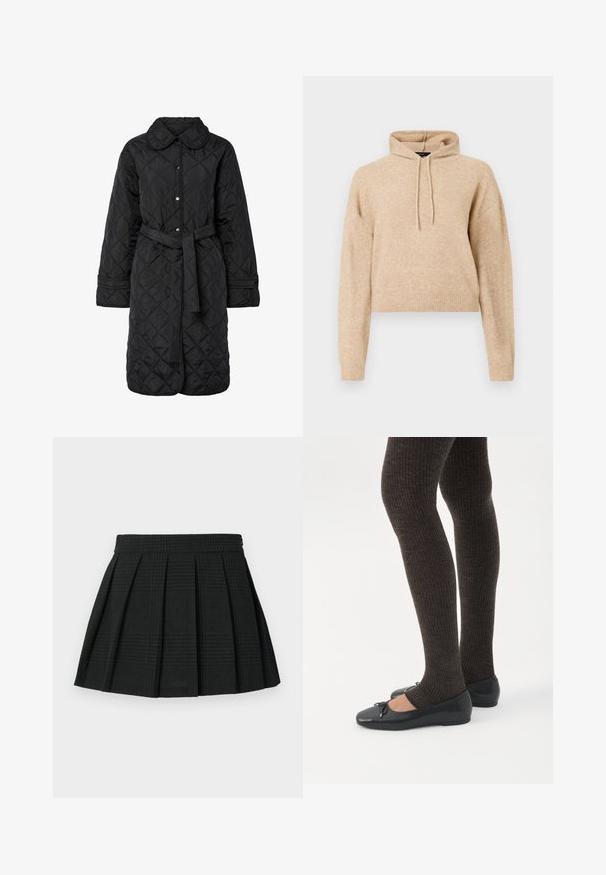 Manteau matelassé noir avec un col, fermeture à boutons-pression et taille ceinturée ; présente un motif en diamants et des détails aux poignets.; Haut de sweat en maille beige, cropped, avec des manches longues et une capuche à cordons, présenté sur fond blanc.; Jupe plissée noire en tissu texturé. Dispose d'une taille et d'un léger motif écossais tout au long. Longueur courte avec des plis superposés.; Jambes portant des leggings côtelés foncés associés à des ballerines noires avec de petits détails en nœud sur fond blanc.