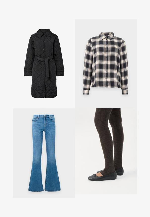 Sort quiltet frakke med krave, trykknaplukning og bælte i taljen; har diamantmønster og manchet detaljer.; Langærmet ternet skjorte i navy, hvid og beige. Har standard krave, knaplukning fortil og blødt stof med ternet mønster.; Blå denim flared jeans med mellemhøj talje, der har fem lommer, en standard knaplukning og let falmning for struktur.; Ben iført mørke ribbede leggings kombineret med sorte balletsko med små sløjfedetaljer på hvid baggrund.