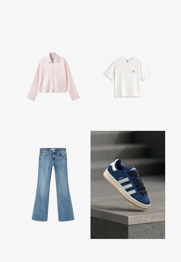 Lichtroze cropped jasje met een puntige kraag, een ritssluiting aan de voorkant en twee zijzakken. Glad materiaal met een eenvoudig, strak ontwerp.; Witte korte mouw t-shirt met een klein zwart koffiekopje en schotel afbeelding op het linkerborstgebied.; Blauwe spijkerbroek met voorzakken, knoop, rits en licht uitlopende pijpen, plat gelegd op een witte achtergrond.; Blauwe sneaker met witte strepen en zwarte veters, gelabeld "CAMPUS", zwevend boven een grijze betonnen richel met vervaagde trappen op de achtergrond.