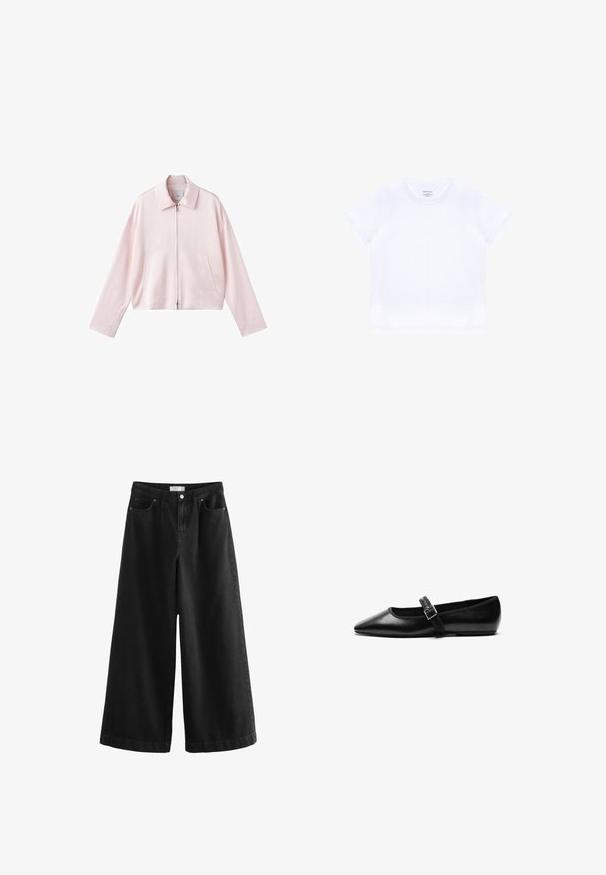 Lichtroze cropped jasje met een puntige kraag, een ritssluiting aan de voorkant en twee zijzakken. Glad materiaal met een eenvoudig, strak ontwerp.; Effen wit T-shirt met korte mouwen en een ronde hals, voorzien van een klein label aan de binnenkant van de kraag, plat gelegd op een witte achtergrond.; Wijduitlopende zwarte denimbroek met een hoge taille, voorzakken en een knoopsluiting. Glad textuur en casual ontwerp.; Zwarte platte schoen van leer met een spitse neus, verstelbare band met een metalen gesp, een gladde textuur en een minimalistisch ontwerp.