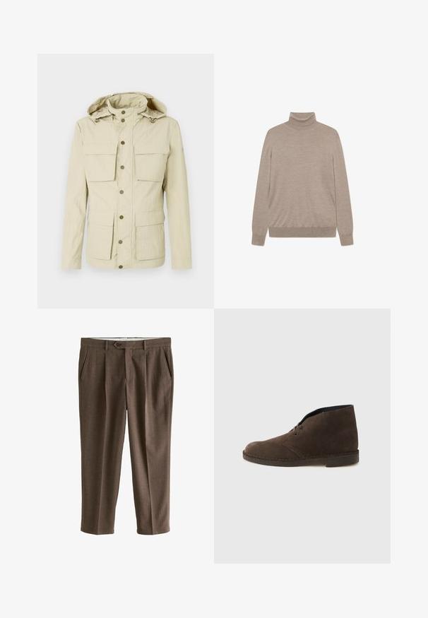 Vaaleanbeige takki, jossa on huppu, kahdella rintataskulla ja kahdella alhaalla olevalla taskulla. Knapilla suljettava, teksturoidulla kankaalla viimeistelty.; Beige turtleneck neulepaita, joka on valmistettu pehmeästä neuloksesta, pitkillä hihoilla ja kapealla helmalla, jossa on vähäistä yksityiskohtaisuutta.; Ruskeat, tekstuurilliset räätälöidyt housut, joissa on nappikiinnitys, etutaitokset ja sivutaskut, esitettynä tasaisesti valkoisella taustalla.; Ruskeat mokkanilkkurit, joissa on kaksi reiänläppiä, matala korko ja ommeltu pohja, yksinkertaisella vaaleanharmaalla taustalla.
