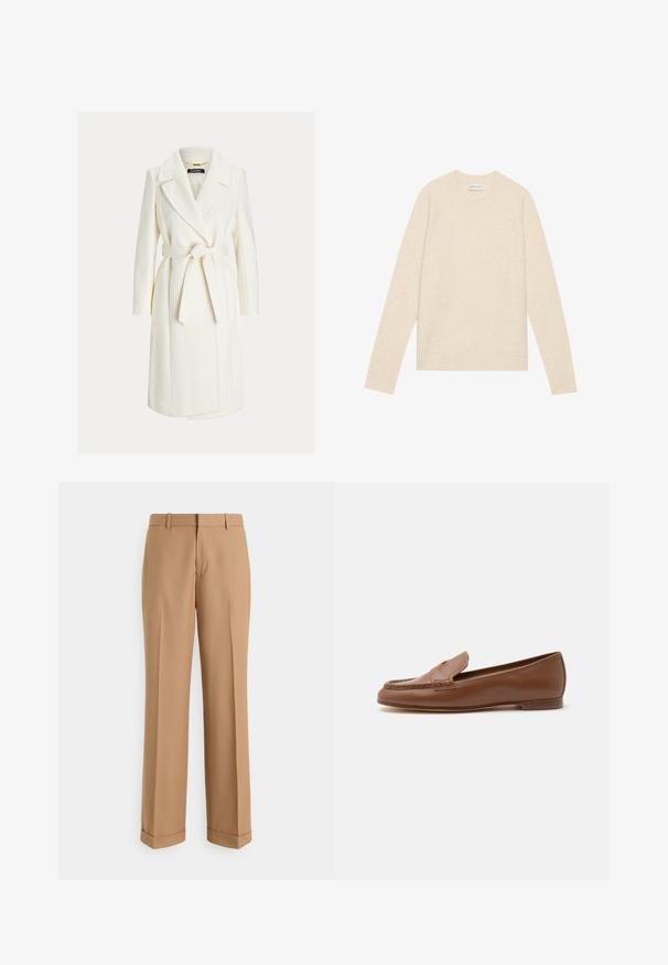 Weißer knielanger Wickelmantel mit breiten Revers und gebundenem Gürtel in der Taille, mit langen Ärmeln und Seitentaschen.; Helles beige Wollpullover mit Rundhalsausschnitt, langen Ärmeln und gerippten Bündchen sowie Saum. Weiche Textur, minimalistisches Design, keine sichtbaren Muster oder Akzente.; Beige, maßgeschneiderte Hose aus glattem Stoff, mit geradem Bein, Bügelfalten und einem umgeschlagenen Saum für einen gepflegten Look.; Klassischer brauner Lederloafer mit niedrigem Absatz und gestepptem Mokassinzehen-Detail, seitlich auf weißem Hintergrund gezeigt.