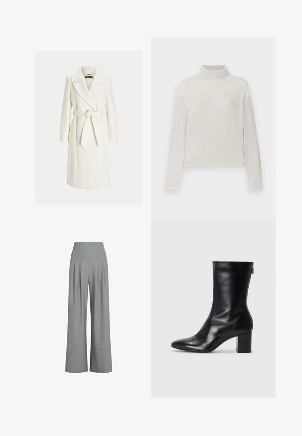 Manteau blanc mi-long à nouer à la taille, avec larges revers, manches longues et poches latérales.; Pull à col roulé beige clair avec texture côtelée, manches longues et silhouette ajustée. Matière douce avec un éclat subtil.; Pantalons larges plissés gris avec une taille haute, fabriqués à partir d'un tissu texturé, présentant une finition lisse et des lignes épurées.; Bottine en cuir noir avec un bout pointu et un talon carré de 4 cm. Design élégant avec une fermeture éclair sur le côté pour un enfilage facile. Texture lisse.