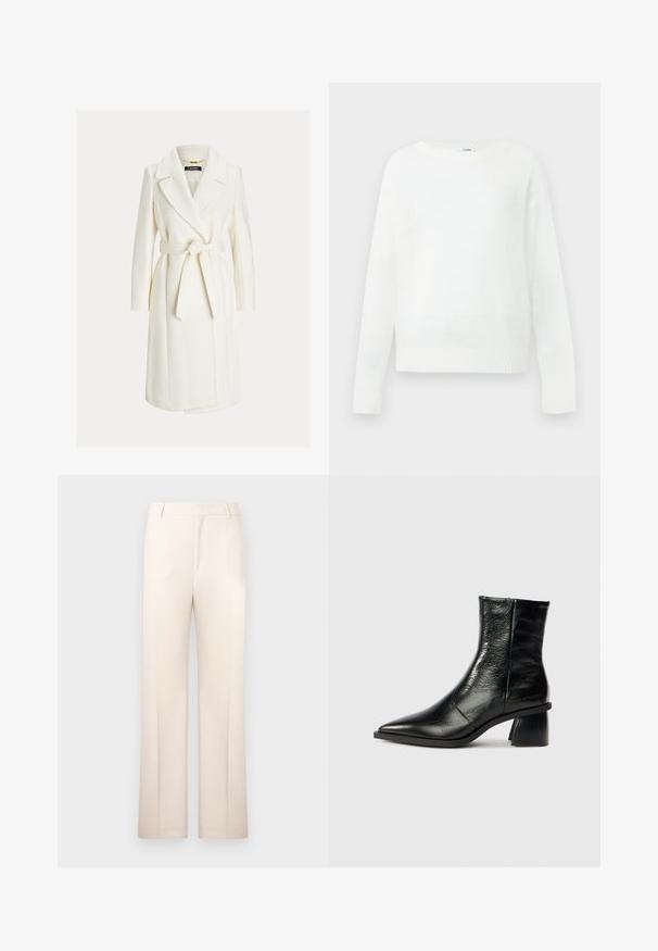 Hvid knælængde slå-om-frakke med brede revers og et bundet bælte i taljen, med lange ærmer og sidelommer.; Hvid langærmet crewneck-trøje med ribbet manchetter og kant, vist fladt mod en neutral baggrund.; Beige skræddersyede bukser med lige ben, lavet af letvægtsstof. Har frontfolder og en klassisk talje.; Sort læder ankelstøvle med spids tå, mellem blokhæl, glat tekstur og minimal syningsdetaljer. Brandlogo præget ved hælen.