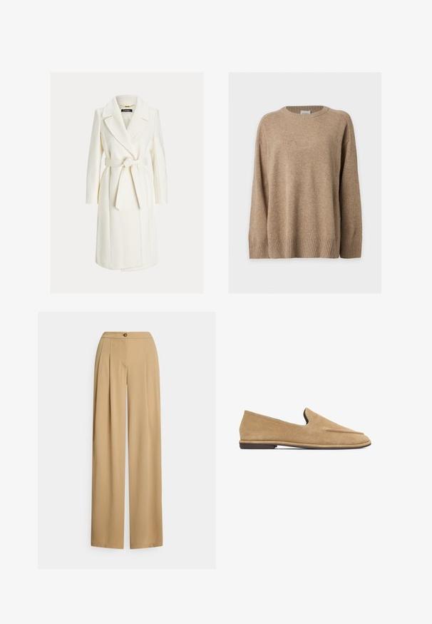 Hvid knælængde slå-om-frakke med brede revers og et bundet bælte i taljen, med lange ærmer og sidelommer.; Beige langærmet striktrøje med ribstrikkede manchetter, kant og rund hals, vist fladt på en hvid baggrund.; Beige bukser med vide ben lavet af glat stof. Har knaplukning, plisseringer foran og en afslappet pasform med en lige silhuet.; Beige ruskind slip-on loafers med lav hæl og rundet tå, sidevisning på hvid baggrund.