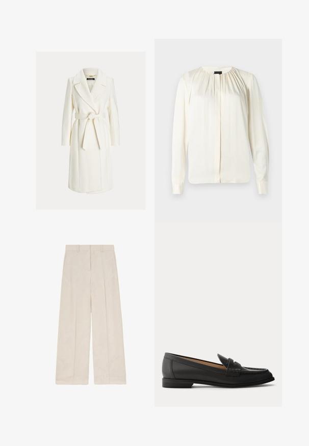 Witte knie-lange wikkeljas met brede revers en een gestrikte ceintuur in de taille, met lange mouwen en zijzakken.; Langsleeve blouse in off-white zijde. Kenmerkt zich door een ronde halslijn, zachte plooien op de schouders en knoopmanchetten. Glad textuur en minimalistisch ontwerp.; Beige broek met wijde pijpen, voorplooien, riemlussen en een strak, op maat gemaakt ontwerp.; Zwarte leren damesslof met lage hak, afgeronde neus en gestikte details op het bovenwerk, van opzij getoond tegen een effen achtergrond.