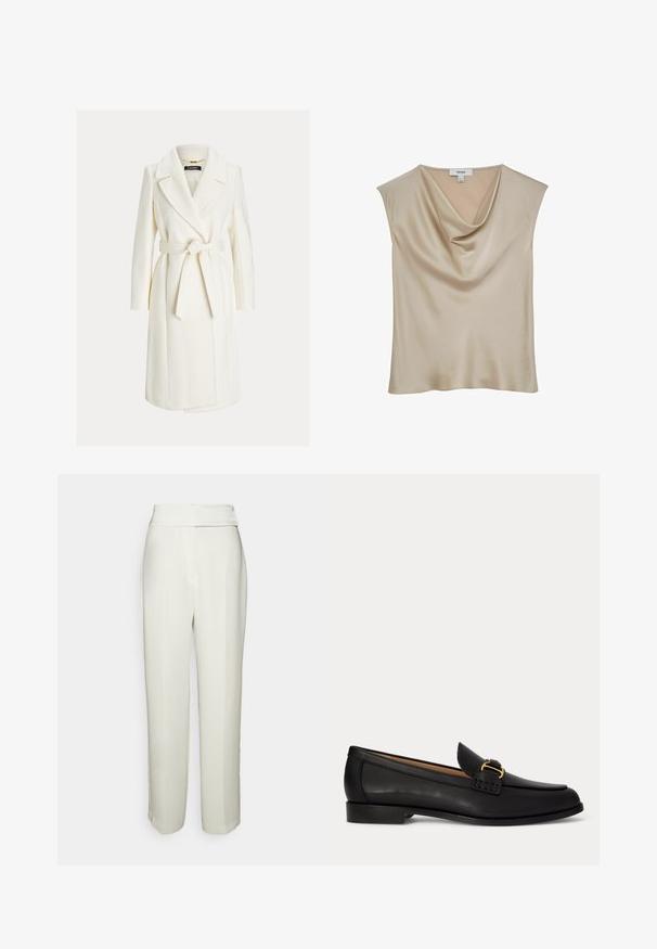 Hvid knælængde slå-om-frakke med brede revers og et bundet bælte i taljen, med lange ærmer og sidelommer.; Beige satinærmløs bluse med kaskadeudskæring, mærket "REISS", vist mod en hvid baggrund.; Halston KARTER WEDDING PANT - Bukser - chalk; Sort læderloafer med lille hæl og dekorativt gyldent spænde foran, vist fra siden på en hvid baggrund.