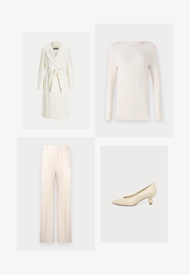 Hvid knælængde slå-om-frakke med brede revers og et bundet bælte i taljen, med lange ærmer og sidelommer.; Langermet skjorte i off-white, lavet af blødt materiale, med rund halsudskæring og et enkelt, tætsiddende design. Glat tekstur, ingen mønstre.; Beige skræddersyede bukser med lige ben, lavet af letvægtsstof. Har frontfolder og en klassisk talje.; Kremfarvet pump med spids tå og lav, unik pæreformet hæl på ensfarvet hvid baggrund.