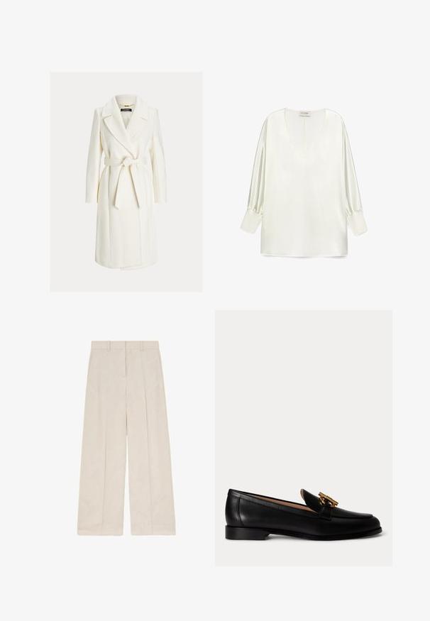 Manteau blanc mi-long à nouer à la taille, avec larges revers, manches longues et poches latérales.; Blouse en satin blanc avec un décolleté en V profond, des manches bouffantes longues et un ourlet droit. Le tissu présente une texture lisse et brillante.; Pantalon beige à jambes larges avec plis sur le devant, passants de ceinture et une coupe propre et ajustée.; Mocassin noir en cuir avec un petit talon et un détail de boucle en métal doré sur le dessus, vu de côté sur fond blanc.