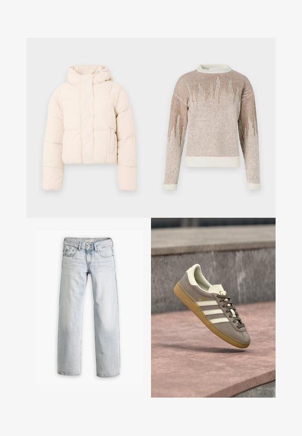 Beige pufferjakke med hætte, prydet med en quiltet design, trykknapper og sidelommer. Blød, polstret tekstur for varme.; Langærmet brun og creme strikket sweater med lodrette striber og et bølge-agtigt mønster, med rund halsudskæring og ribbede manchetter og kant.; Lyseblå denimjeans med en afslappet pasform, høj talje og fem-lomme design. Har syning detaljer og knaplukning.; Lysebrun ruskinds Adidas-sneaker med hvide striber og gummisål, svævende over lyserøde stentrapper udendørs.