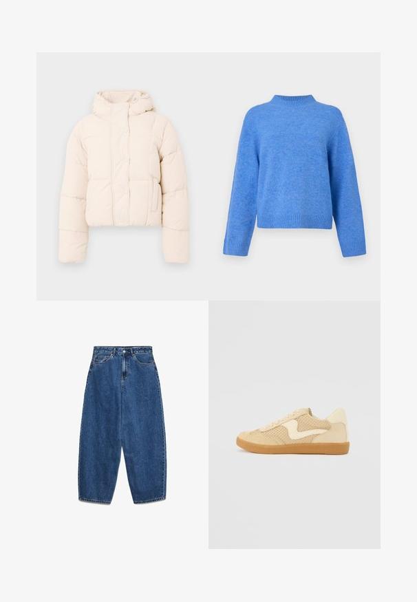 Beige puffer takki, jossa on huppu, käytännöllinen tikattu muotoilu, napit ja sivutaskut. Pehmeä, täytetty rakenne lämmön takaamiseksi.; Sininen pitkähihaist villa-nuttu, jossa on ribbikuvioinen korkea kaulus, hihansuut ja helma, kuvattuna yksinkertaista valkoista taustaa vasten.; Siniset farkut, joissa on korkea vyötärö, rento istuvuus ja suorat lahkeet. Klassinen viiden taskun malli vetoketju- ja napillissuljennalla.; Beige lenkkarit, joissa on mokka- ja verkkomateriaalit, pyöreä muoto, voimakkaasti pehmustettu kaulus ja kumipohja. Sisältää aaltoilumaisen koristeen.