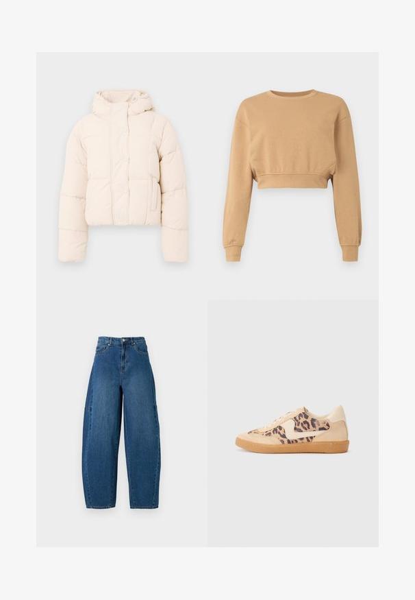 Beige pufferjack met een capuchon, voorzien van een gewatteerd ontwerp, drukknoopsluiting en zijzakken. Zacht, gewatteerd materiaal voor warmte.; Cropped sweatshirt in lichtbruin, gemaakt van zacht stof. Heeft lange mouwen, een ronde halslijn en subtiele elastiek bij de boorden en de zoom.; Denim spijkerbroek in een medium blauwe wassingen, met een hoge taille, wijde broekspijpen en een standaard vijf-pocket ontwerp met zichtbare stikseldetails.; Luipaardprint sneakers met een beige suède bovenkant, tan rubberen zool en witte accenten. Ronde neus en vetersluiting met een gestructureerde afwerking.