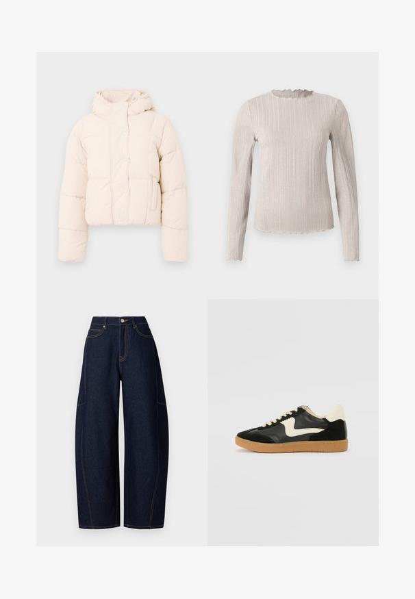 Beige pufferjack met een capuchon, voorzien van een gewatteerd ontwerp, drukknoopsluiting en zijzakken. Zacht, gewatteerd materiaal voor warmte.; Langarmshirt in lichtbeige met een geribbelde textuur. Heeft een scalloped halslijn en een subtiele glans door de stof.; Brede donkerblauwe denim broek met contrasterende oranje stiksels, vijf zakken en een knoop- en ritssluiting aan de taille.; Zwarte suède en leren sneaker met een crèmekleurige zij-swoosh en lichte crèmekleurige hiel. Voorzien van beige veters en een gumrubberen zool.