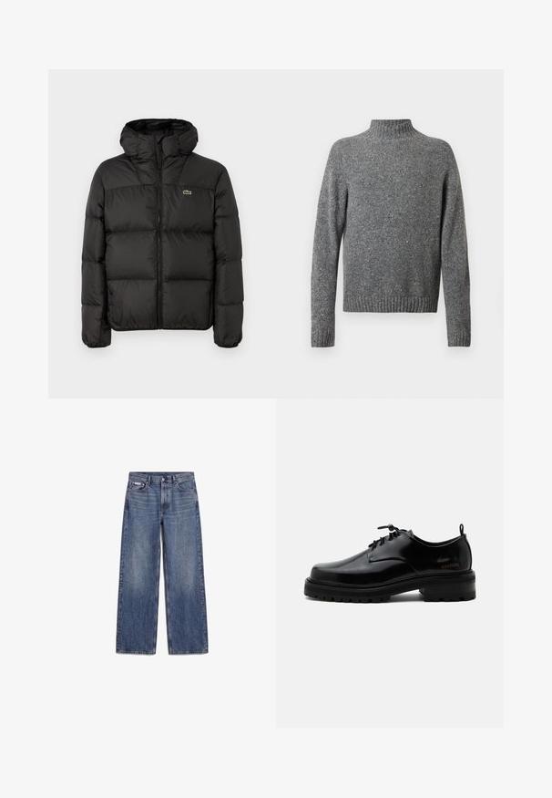 Doudoune noire avec capuche, dotée d'une fermeture éclair, d'un design matelassé et d'un petit logo vert sur la poitrine gauche. Texture lisse et rembourrée.; Pull en tricot gris moucheté avec un col montant, des manches longues et des poignets et un ourlet côtes.; Jean en denim bleu coupe droite avec poches avant, passants de ceinture et fermeture par boutons, posé à plat sur fond blanc.; Chaussure en cuir noir poli à lacets, semelle en caoutchouc épaisse et talon bas, texte de marque "SAMSOE" sur le côté et languette arrière.