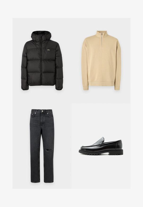 Sort pufferjakke med hætte, der har lynlås, kviltet design og et lille grønt logo på venstre bryst. Glat, polstret tekstur.; Beige sweatshirts med høj hals og halv lynlås. Har ribbede manchetter og kant, med et diskret logo på brystet. Glat tekstur.; Sorte denim jeans med lige ben, der har et revnet knæ, fem-lomme design og metalbeslag ved taljen og lommerne.; Sort læderloafer med chunky gummisål, syet overdel og præget mærkenavn på hælen, vist i sideprofil på hvid baggrund.