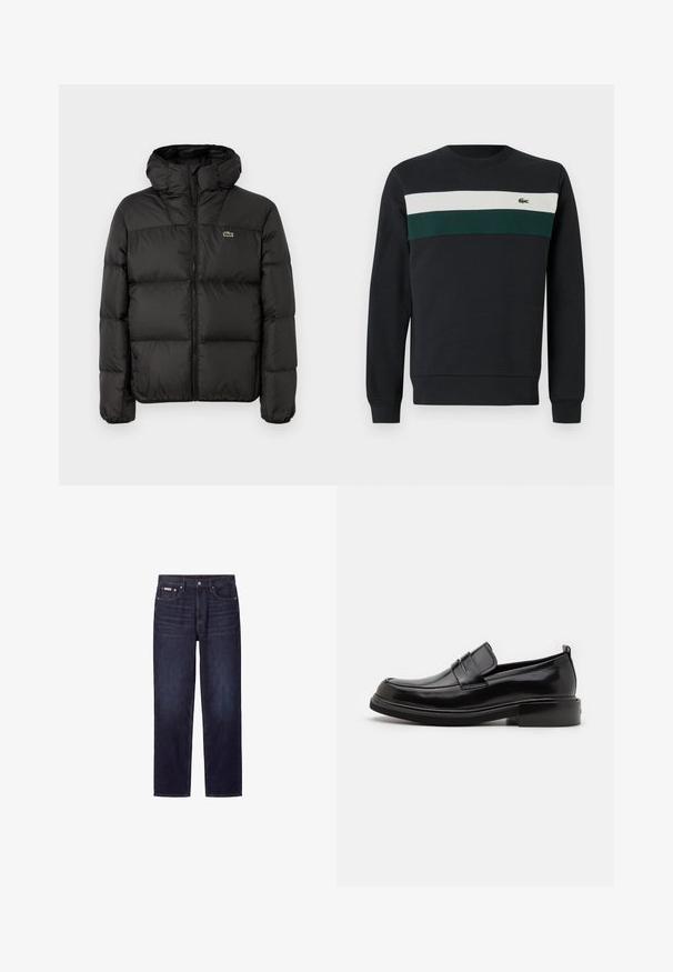 Schwarze Steppjacke mit Kapuze, mit einem Reißverschluss, gestepptem Design und einem kleinen grünen Logo auf der linken Brust. Glatte, gepolsterte Textur.; Dunkles Sweatshirt mit schwarzem Grundton, verziert mit grünen und weißen horizontalen Streifen über der Brust sowie einem kleinen gestickten Logo auf der linken Seite.; Dunkelblaue Straight-Leg-Jeans mit fünf Taschen, Knopfverschluss und sichtbaren Nähten.; Calvin Klein MOCCASIN - Business-Slipper - black