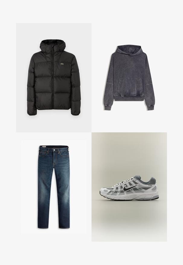Sort pufferjakke med hætte, der har lynlås, kviltet design og et lille grønt logo på venstre bryst. Glat, polstret tekstur.; Mørkegrå, falmet pullover-hoodie med stor forlommekængurulomme foran samt ribstrikkede manchetter og kant.; Mørkeblå denim jeans med lige ben-design, fem lommer og kobberdetaljer. Falmede områder på benene giver teksturkontrast.; Hvid og grå Nike P-6000 sneaker med sort swoosh, meshpaneler og tekstureret sål, vist i sideprofil på neutral baggrund.