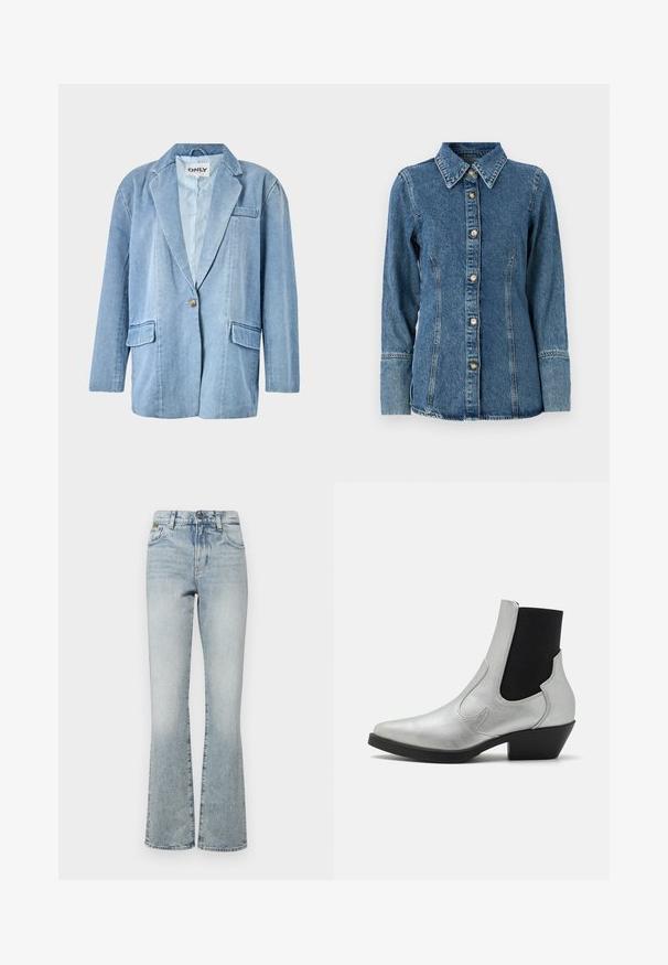 Lyseblå denimblazer med en enkelt knaplukning, to frontlommer og reverskrave, med synlige sømme og et foret indre.; Denimskjorte i mellemblå, med klassisk krave, lange ærmer, knaplukning og kontrasterende syninger langs sømmene.; Lysvasket denim flare jeans med høj talje, der har fem lommer og minimal hardware. Stoffet har en glat tekstur og en falmet finish.; ONLY SHOES ONLBRONCO SHORT - Cowboy- / bikerstøvlette - silver