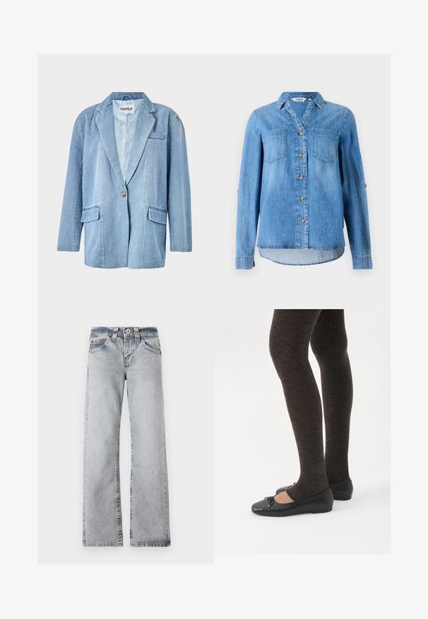 Lyseblå denimblazer med en enkelt knaplukning, to frontlommer og reverskrave, med synlige sømme og et foret indre.; Lys blå denimskjorte med knaplukning foran, to brystlommer og ærmer som kan rulles op med knapdetaljer.; Lyseblå denimjeans med vid benlængde. Standard talje, fem lomme-stil og synlige syninger langs sømmene.; Ben iført mørke ribbede leggings kombineret med sorte balletsko med små sløjfedetaljer på hvid baggrund.