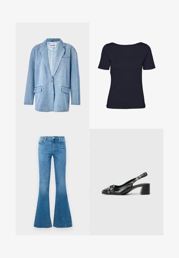 Lyseblå denimblazer med en enkelt knaplukning, to frontlommer og reverskrave, med synlige sømme og et foret indre.; Sort tætsiddende dame T-shirt med korte ærmer og bred bådudskæring, vist mod en hvid baggrund.; Blå denim flared jeans med mellemhøj talje, der har fem lommer, en standard knaplukning og let falmning for struktur.; Sorte læder slingback hæl med spids tå, tekstureret rem med cirkulære metalliske accenter, og en stablet blokhæl.