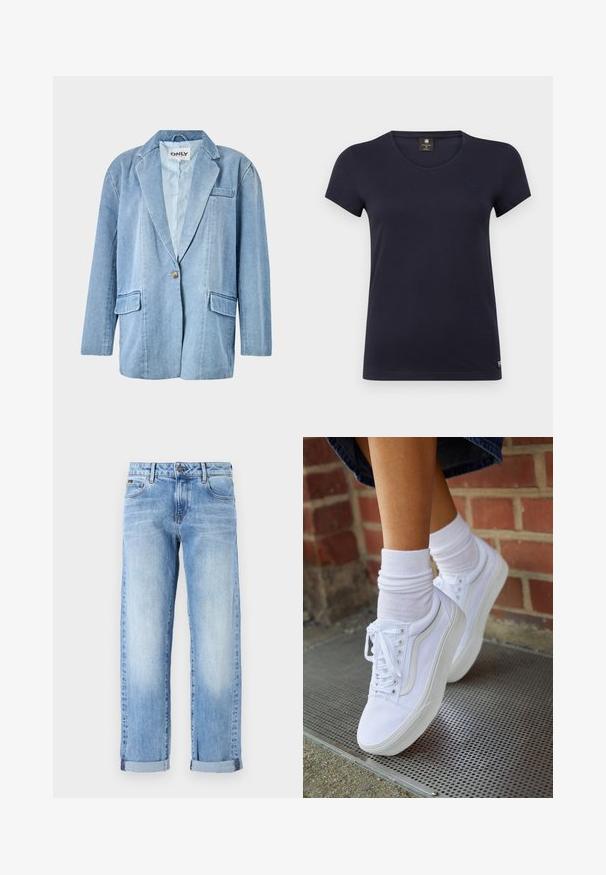 Lyseblå denimblazer med en enkelt knaplukning, to frontlommer og reverskrave, med synlige sømme og et foret indre.; Marineblå kortærmet T-shirt med V-hals, lavet af blød bomuld. Har et lille logoaccent på den øverste venstre side.; Lyseblå denimjeans med opsmøgede ben, frontknap og lynlås, samt klassisk femlommesdesign på en hvid baggrund.; Hvide lærreds sneakers med gummisåler, der har seks snørehuller, rund tå og let sømdetaljer, krydret med hvide ankelstrømper.