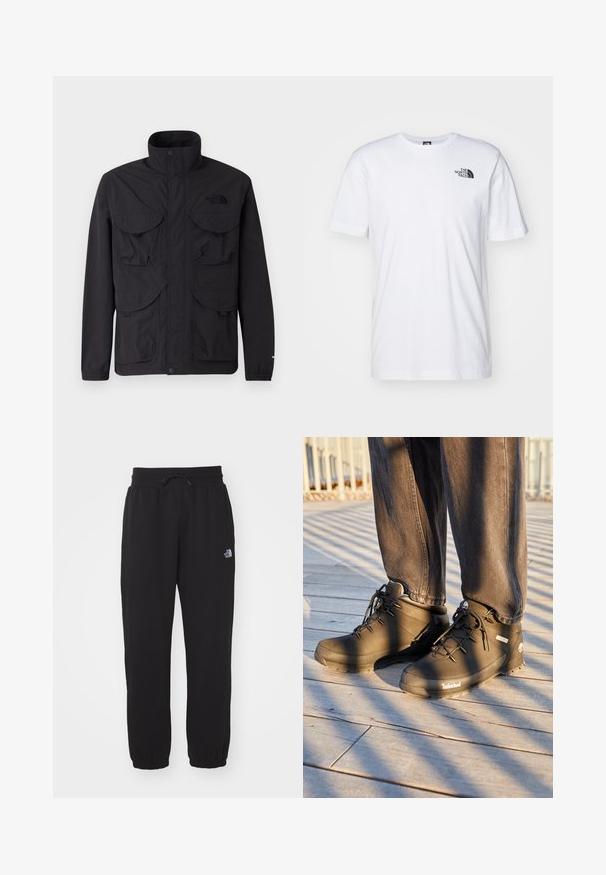 Chaqueta negra de tejido ligero, con un cuello alto, cuatro bolsillos frontales y cierres a presión. Acentuada con un logo en el pecho.; Camiseta de algodón blanca con un logo negro de The North Face en el lado superior izquierdo del pecho. Diseño de manga corta y cuello redondo.; Pantalones de chándal negros de tela suave, con cinturilla elástica y cordón, tobillos ajustados y un pequeño logo en el muslo superior.; Las botas de senderismo negras de Timberland presentan un diseño de caña alta, una superficie texturizada y cordones redondos, todo ello sobre un fondo de suelo de madera.