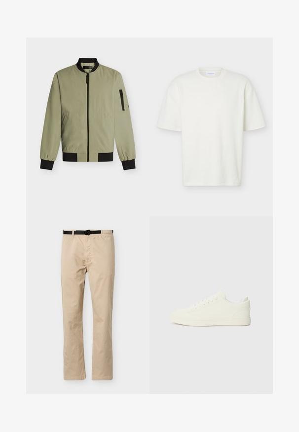 Veste bomber vert olive clair avec col, poignets, ourlet noirs, fermeture éclair avant, deux poches latérales et poche zippée sur la manche gauche.; T-shirt blanc texturé à manches courtes, col rond, coupe régulière et petite étiquette de marque à l'intérieur du col.; Pantalon beige à jambes droites avec ceinture noire ajustable, taille élastique d'un côté et couture décorative à l'avant.; Baskets blanches avec une tige à texture lisse, bout arrondi et laçage traditionnel, arborant un design minimaliste et une semelle en caoutchouc.