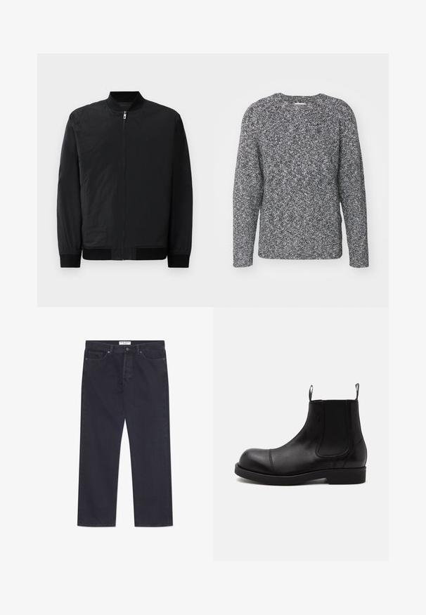 Schwarze Bomberjacke mit Reißverschluss, gerippten Bündchen und einem glatten, leichten Stoff mit matter Oberfläche.; Grauer und schwarzer gestrickter Pullover mit Rundhalsausschnitt, langen Ärmeln und gerippten Bündchen, der aus einem strukturierten, gemusterten Stoff gefertigt ist.; Dunkelblaue Denim-Jeans mit geradem Bein, fünf Taschen und einer klassischen Knopf- und Reißverschlussöffnung. Merkmale sind kontrastierende Nähte.; Schwarzer Chelsea-Boot aus Leder mit abgerundeter Spitze, elastischen Seiteneinsätzen, Zugschlaufen vorn und hinten, flacher Sohle, seitlich auf weißem Hintergrund abgebildet.