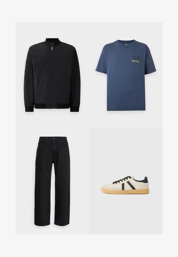 Chaqueta bomber negra con cierre de cremallera, puños acanalados y un tejido liso y ligero con un acabado mate.; Camiseta azul marino de manga corta y cuello redondo con pequeño logo amarillo y negro "Hollister California" en la parte superior izquierda del pecho.; Pantalones de mezclilla anchos negros con cintura alta, que cuentan con cinco bolsillos y un cierre de botón. La tela tiene una textura suave y un ligero estiramiento.; Zapatillas casuales en crema con rayas negras, con parte superior texturizada y suela de goma. Los cordones son negros. Logo sutil en el costado.