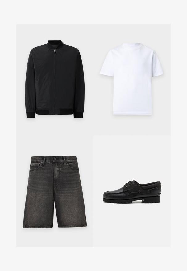 Chaqueta bomber negra con cierre de cremallera, puños acanalados y un tejido liso y ligero con un acabado mate.; Camiseta blanca lisa de manga corta y cuello redondo, mostrada extendida sobre un fondo claro, sin logotipos ni patrones visibles.; Pantalones cortos de mezclilla negra hasta la rodilla con botón delantero, cierre de cremallera, trabillas para cinturón y bolsillos frontales.; Zapato negro con parte superior de cuero, acentos de textil, cordones redondos y suela de goma texturizada. Presenta costura de mocasín y detalle de marca.