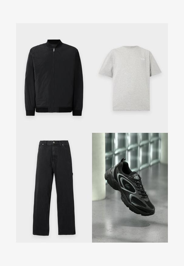 Veste bomber noire avec fermeture éclair, poignets côtelés et tissu lisse, léger avec une finition mate.; T-shirt gris clair à col rond et manches courtes avec petit logo blanc sur le côté gauche de la poitrine, sur fond blanc.; Jean noir droit avec poches avant, passants pour ceinture, fermeture par bouton et coutures apparentes sur un fond uni.; Chaussure de sport noire en mesh et matériau synthétique, avec une semelle texturée, un design élégant, des accents argentés et un laçage à l'avant.