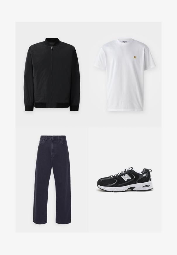 Veste bomber noire avec fermeture éclair, poignets côtelés et tissu lisse, léger avec une finition mate.; T-shirt en coton blanc à manches courtes, col rond, avec un petit logo doré sur la poitrine gauche. Texture douce et coupe régulière.; Jeans en denim foncé avec une silhouette à jambes larges, taille haute et design à cinq poches. Présente une fermeture à bouton classique et zip.; Baskets de sport noires et grises avec un tige en mesh et en suède, présentant une semelle intermédiaire blanche, des lacets et un logo "N" audacieux sur le côté.