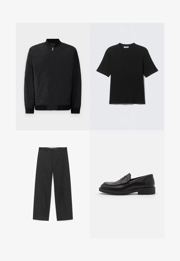 Veste bomber noire avec fermeture éclair, poignets côtelés et tissu lisse, léger avec une finition mate.; T-shirt noir à manches courtes avec col rond, portant une étiquette "WEEKDAY" à l'intérieur du col, présenté à plat sur un fond clair.; Pantalon noir à jambes larges en tissu lisse, doté d'une ceinture avec passants pour ceinture et de poches latérales, avec un design épuré et minimaliste.; Mocassins en cuir noir avec un bout arrondi, des coutures ton sur ton et un détail de sangle à l'avant. Semelle en caoutchouc avec un petit talon.