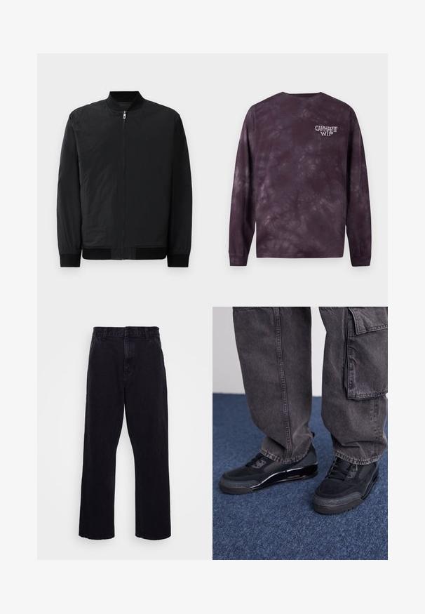 Chaqueta bomber negra con cierre de cremallera, puños acanalados y un tejido liso y ligero con un acabado mate.; Camiseta de manga larga tie-dye en color púrpura oscuro con pequeño logo blanco "Carhartt WIP" en el pecho izquierdo.; Pantalones de mezclilla negros con un diseño de pierna recta, que cuentan con un cierre de botón y cremallera, presillas para cinturón y detalles de costura mínimos.; Zapatillas deportivas negras con una superficie texturizada, acentos suaves y una suela gruesa, combinadas con pantalones cargo oscuros y holgados.