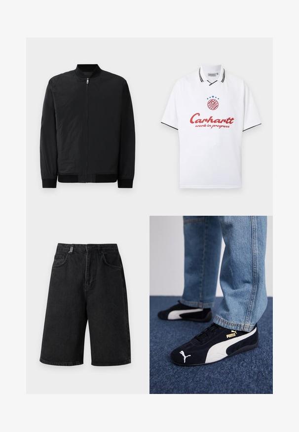 Veste bomber noire avec fermeture éclair, poignets côtelés et tissu lisse, léger avec une finition mate.; Polo blanc à manches courtes avec des bordures noires sur le col et les manches, texte rouge « Carhartt work in progress » et logo circulaire avec des étoiles bleues en haut.; Shorts en denim noir avec une coupe ample, une taille mi-haute, cinq poches et des passants de ceinture. Le tissu a une texture lisse et des détails de couture subtils.; Baskets en daim noir avec accents blancs, arborant un logo doré. Portées avec un jean en denim bleu clair et posées sur une surface bleue texturée.