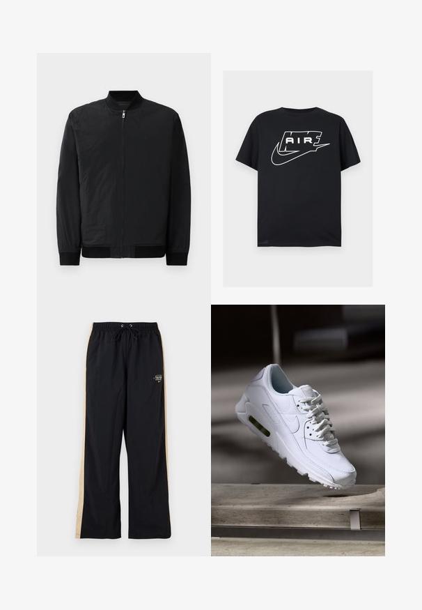 Chaqueta bomber negra con cierre de cremallera, puños acanalados y un tejido liso y ligero con un acabado mate.; Camiseta negra de manga corta con texto blanco estilizado y en negrita "AIR" y un logo swoosh en el pecho sobre un fondo liso.; Pantalones de chándal negros de Nike con rayas laterales beige, cintura elástica, cordón y pequeño logo blanco en la parte superior de la pierna izquierda.; Zapatilla blanca de piel con superficies texturizadas, cuello acolchado y amortiguación de aire visible en la suela. Presenta cordones y un diseño minimalista.