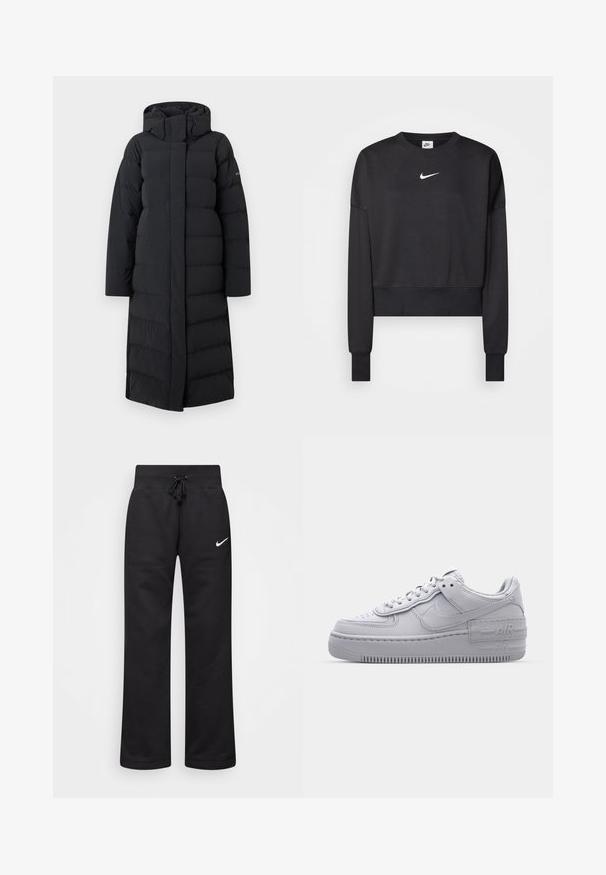 Sort lang pufferjakke med hætte, med en quiltet design, fuld lynlås foran og sidesømme. Lavet af et glat, vandafvisende materiale.; Sort cropped sweatshirt lavet af en blanding af bomuld, med rund halsudskæring, lange ærmer og et hvidt Nike-logo på brystet.; Sorte sweatpants lavet af en bomuldsblanding, med en snøre i taljen, lige ben og et hvidt Nike-logo på venstre side.; Grå Nike Air Force 1 sneakers med perforeret tå, glat læderoverdel, tyk sål og præget 'AIR' detalje på hælen.