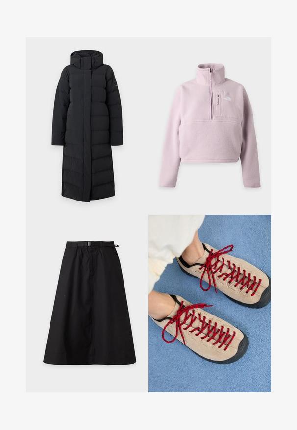 Sort lang pufferjakke med hætte, med en quiltet design, fuld lynlås foran og sidesømme. Lavet af et glat, vandafvisende materiale.; Lyse lilla fleece-pullover med lange ærmer, opretstående krave, kvart lynlås og brystlomme med The North Face-logo.; Sort A-formet nederdel med indbygget bælte og spænde, med et lille logo-tag på højre side af linningen.; Beige sko med røde snørebånd, placeret på en blå tekstureret overflade, delvist synliggørende en persons ankel. Skoene har et sporty design.