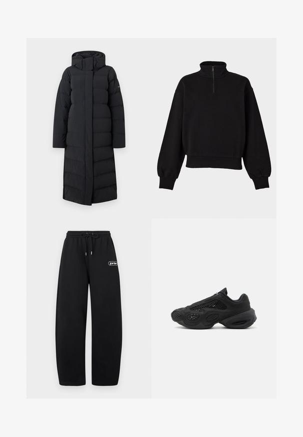 Sort lang pufferjakke med hætte, med en quiltet design, fuld lynlås foran og sidesømme. Lavet af et glat, vandafvisende materiale.; Sort langærmet pullover med kvart lynlås og høj krave, ribstrikkede manchetter og ribkant, vist på en ensfarvet baggrund.; Sort wide-leg sweatpants med elastisk talje og snor, med et lille hvidt "jordan" logo på højre lår.; Sort atletiksneaker med meshpaneler, tyk, polstret sål og lille swoosh-logo på siden, fotograferet mod en ensartet baggrund.