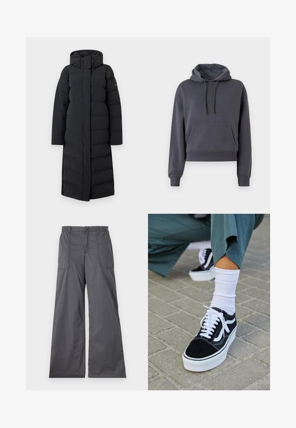Abrigo largo negro tipo plumón con capucha, con un diseño acolchado, cremallera frontal completa y costuras laterales. Fabricado con un material suave y resistente al agua.; Sudadera gris corta hecha de material suave, con un bolsillo delantero, cordones ajustables y puños acanalados.; Pantalones de pierna ancha grises con una textura suave, que cuentan con bolsillos frontales, un cierre de botón y detalles cosidos a lo largo de las costuras.; Zapatillas de ante negro con acentos y cordones blancos, que cuentan con una gruesa suela blanca y costuras en contraste, combinadas con un calcetín blanco.