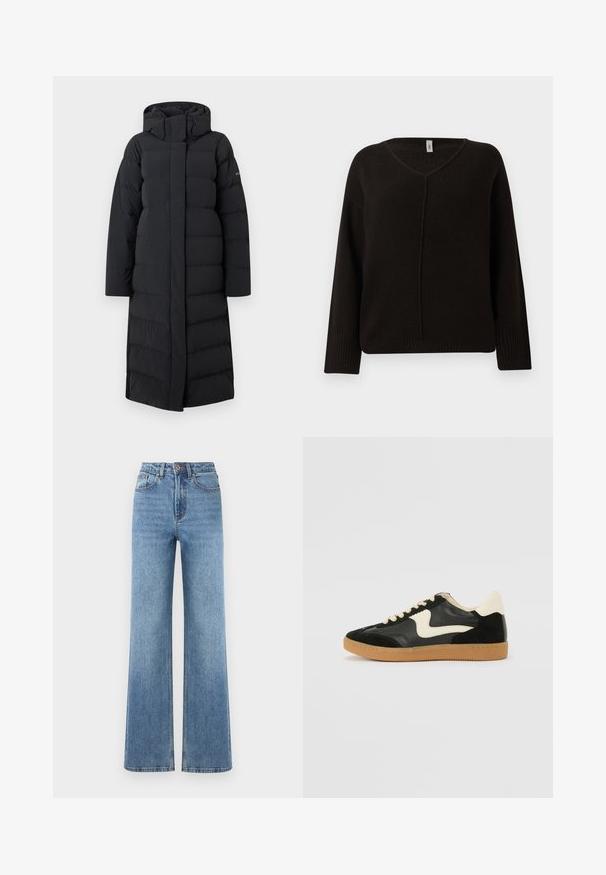 Abrigo largo negro tipo plumón con capucha, con un diseño acolchado, cremallera frontal completa y costuras laterales. Fabricado con un material suave y resistente al agua.; Suéter negro de cuello en v en un suave tejido texturizado. Presenta mangas largas con puños acanalados y una costura central sutilmente cosida. Ajuste relajado.; Jeans de mezclilla de corte ancho en azul claro con cintura alta, que presentan un cierre de botón, cuatro bolsillos y un dobladillo limpio con un ligero desgaste.; Zapatillas de deporte de ante y cuero negro con un swoosh lateral en crema y un talón en crema claro. Presenta cordones beige y una suela de goma marrón.