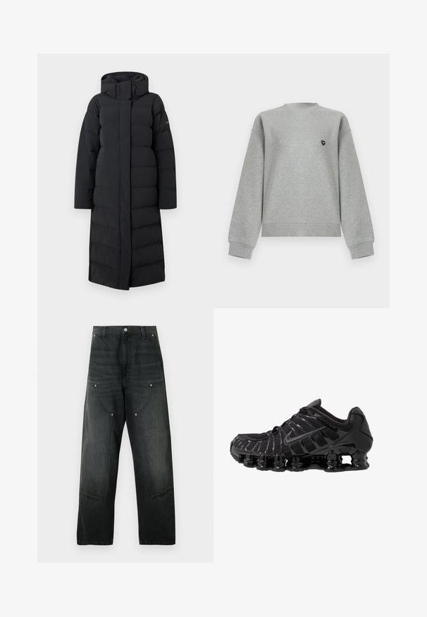 Schwarzer, langer Daunenmantel mit Kapuze, der ein gesteppte Design, einen durchgehenden Reißverschluss und seitliche Nähte aufweist. Hergestellt aus einem glatten, wasserabweisenden Material.; Hellgrauer Sweatshirt mit Rundhalsausschnitt und langen Ärmeln, mit gerippten Bündchen und Saum, mit einem kleinen schwarzen herzförmigen Logo auf der linken Brust.; Schwarze Jeans mit weitem Bein, hoher Taille, Knopfverschluss, Gürtelschlaufen, übergroßen aufgesetzten Fronttaschen mit Nieten-Akzenten.; Schwarzer Sportschuh mit Mesh-Obermaterial und glänzenden Überzügen. Verfügt über eine geschwungene Spiraldämpfung und strukturierte Linien an der Seite. Nike-Logo sichtbar.