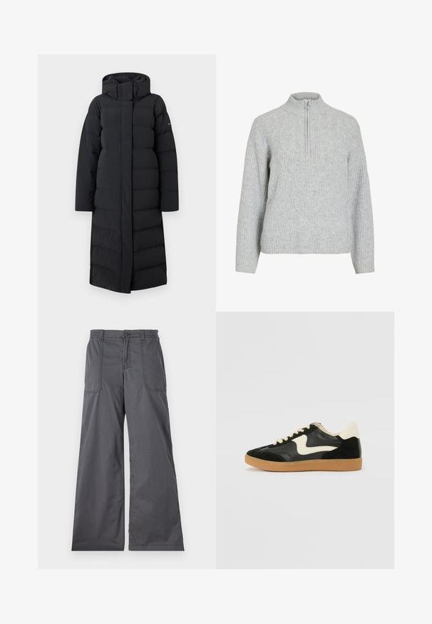 Sort lang pufferjakke med hætte, med en quiltet design, fuld lynlås foran og sidesømme. Lavet af et glat, vandafvisende materiale.; Grå zip-neck sweater lavet af strikstof, med et tekstureret kabelmønster, ribbede ærmer og en høj krave.; Grå vidde bukser med en glat tekstur, der har forlommer, knaplukning og syede detaljer langs sømmene.; Sorte ruskinds- og lædersneakers med en cremefarvet side-swoosh og lys cremefarvet hæl. Har beige snørebånd og en gummirubber-sål.