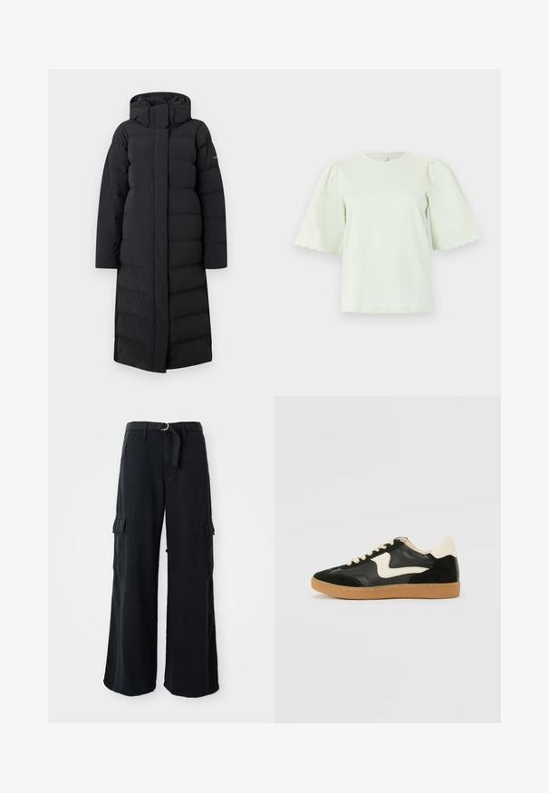 Sort lang pufferjakke med hætte, med en quiltet design, fuld lynlås foran og sidesømme. Lavet af et glat, vandafvisende materiale.; Pastelfarvet grøn kortærmet bluse med bølgede, brede ærmer og rund halsudskæring på en ensfarvet baggrund.; Sorte bredbenede cargo-bukser lavet af bomuld med et bånd, der kan bindes, og som har to sidelommer samt en glat stofstruktur.; Sorte ruskinds- og lædersneakers med en cremefarvet side-swoosh og lys cremefarvet hæl. Har beige snørebånd og en gummirubber-sål.