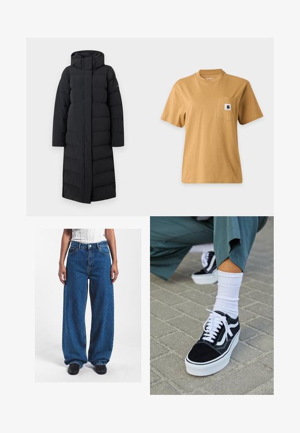 Sort lang pufferjakke med hætte, med en quiltet design, fuld lynlås foran og sidesømme. Lavet af et glat, vandafvisende materiale.; Enkelt brun kortærmet t-shirt med en brystlomme med en firkantet mærkelogo-patch, vist på en ensartet lys baggrund.; Bredde ben blå denimbukser med høj talje, med knaplukning, forlommer og en let falmet tekstur.; Sorte ruskinds sneakers med hvide accenter og snørebånd, der har en tyk hvid sål og kontrasterende syninger, parret med en hvid sok.