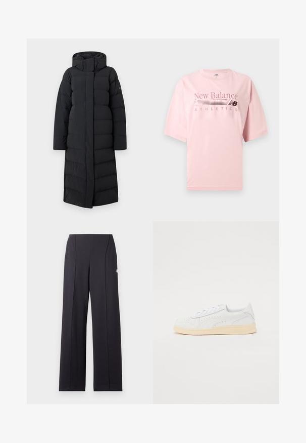 Abrigo largo negro tipo plumón con capucha, con un diseño acolchado, cremallera frontal completa y costuras laterales. Fabricado con un material suave y resistente al agua.; Camiseta rosa claro de manga corta New Balance Athletics con cuello redondo y texto del logo impreso en el pecho.; Pantalones negros de pierna ancha con costuras frontales sutiles y un pequeño logo blanco en la parte superior del muslo sobre un fondo liso.; Zapatillas con parte superior sintética blanca, diseño perforado, cordones planos y suela de goma color crema. Presentan un logotipo en el talón y en el lateral.